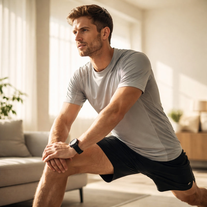Man stretching in a living room with a neutral color palette
