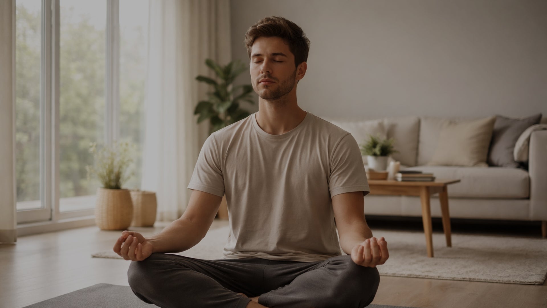 Man meditating in a living room with a neutral color palette