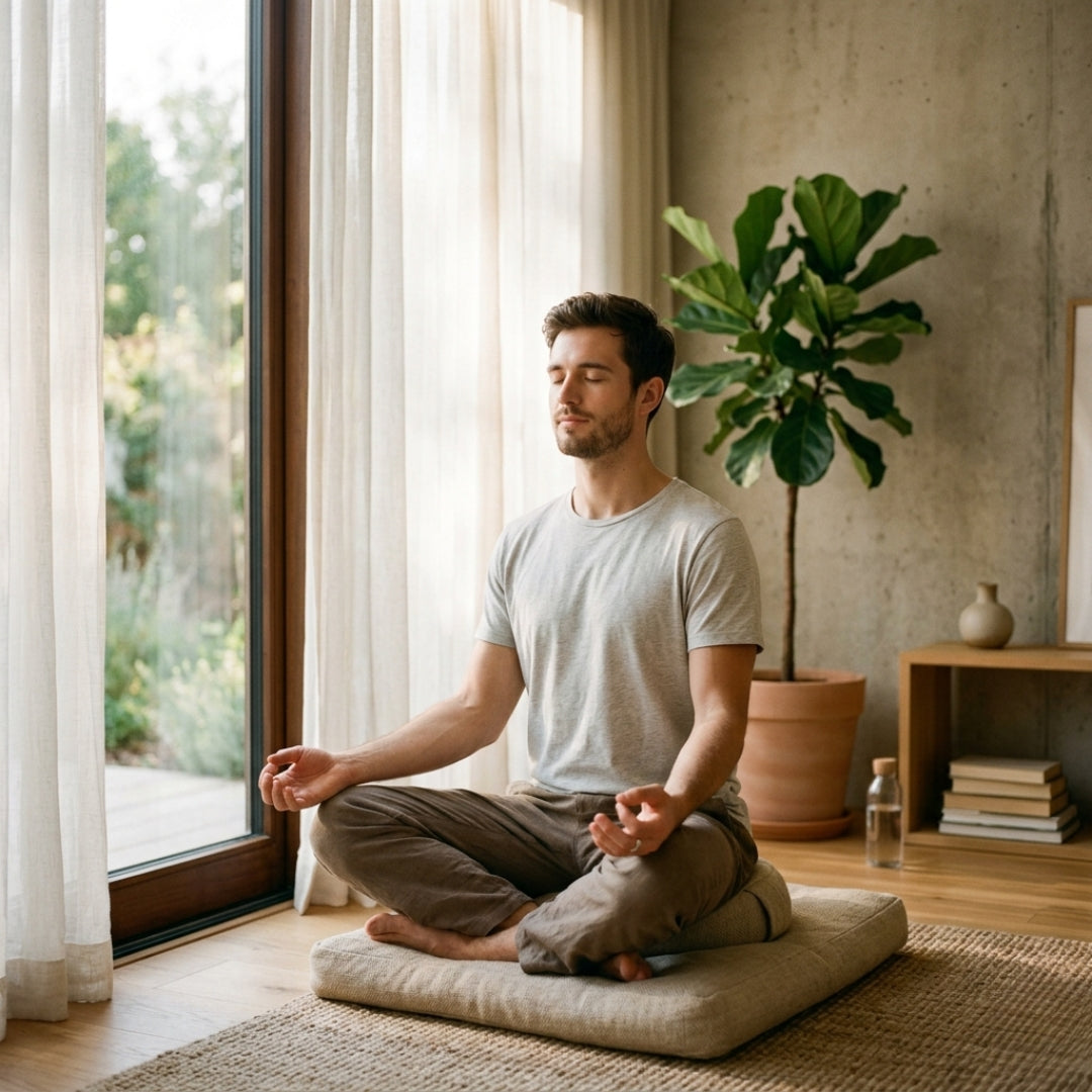 Man meditating in a peaceful room with large windows and a potted plant.