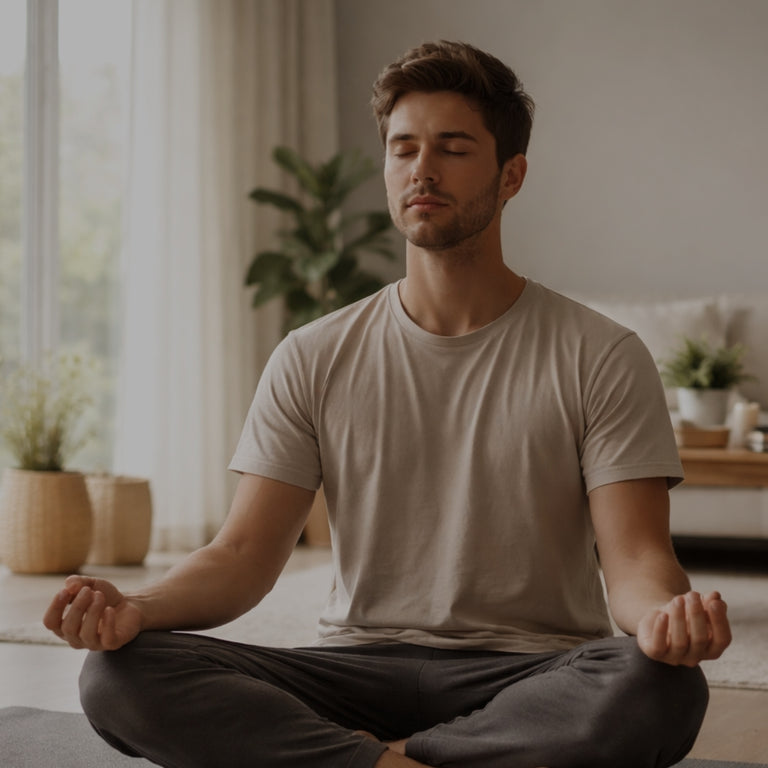 Man meditating in a living room with a neutral color palette